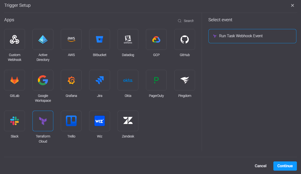 Screenshot of Blink trigger setup screen with options to select which app you would like to integrate with. Options shown are Custom Webhook, Active Directory, AWS, Bitbucket, DataDog, GCP, GitHub, GitLab, Google Workspace, Grafana, Jira, Okta, PagerDuty, Slack, Terraform Cloud, and Wiz