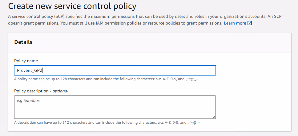 Create new service control policy page in AWS Organizations.
