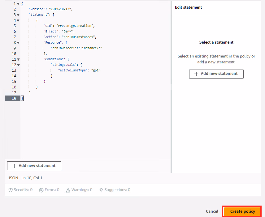 JSON editor for creating a new service control policy in AWS Organizations.