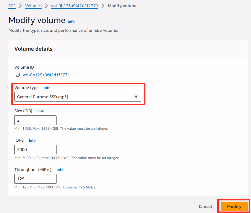 Modify volume page in AWS EC2. The volume type is set to "General Purpose SSD (gp3)" with options to change the volume size, IOPS, and throughput.
