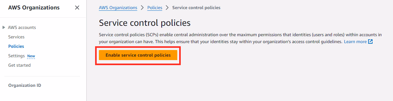 Service control policies section in AWS Organizations