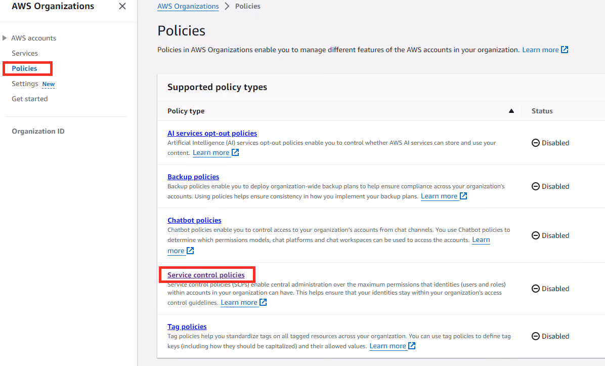 Policies section in AWS Organizations.