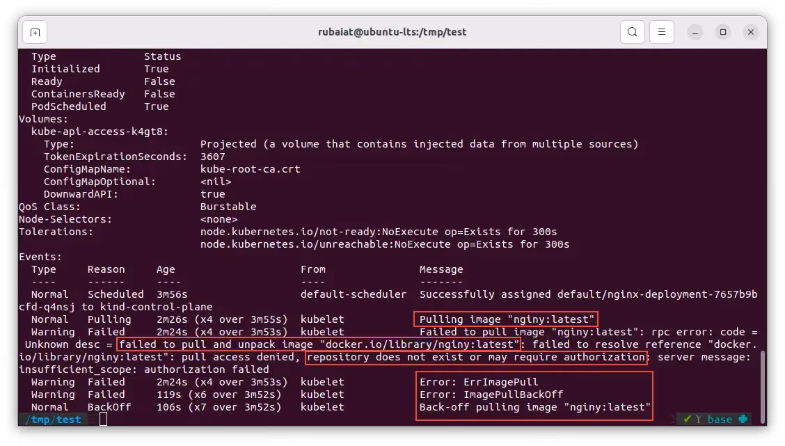 Terminal output of a Kubernetes deployment issue. The key error indicates a failure to pull the image nginy:latest from docker.io/library/nginy:latest.