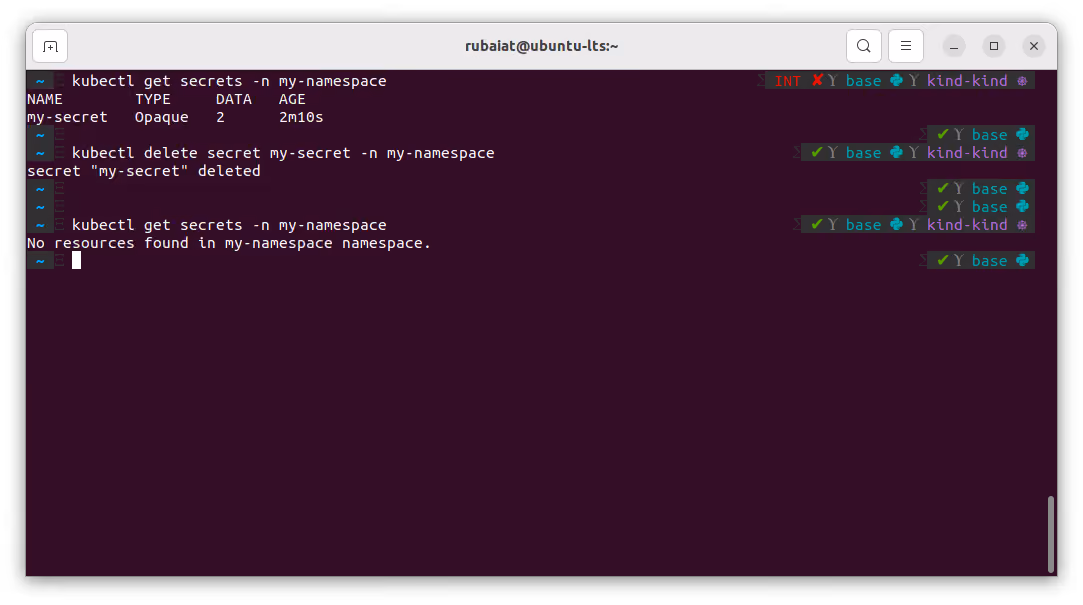 Terminal showing commands to manage Kubernetes secrets.