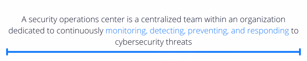 A security operations center is a centralized team within an organization dedicated to continuously monitoring, detecting, preventing, and responding to cybersecurity threats