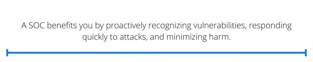 A SOC benefits you by proactively recognizing vulnerabilities, responding quickly to attacks, and minimizing harm.