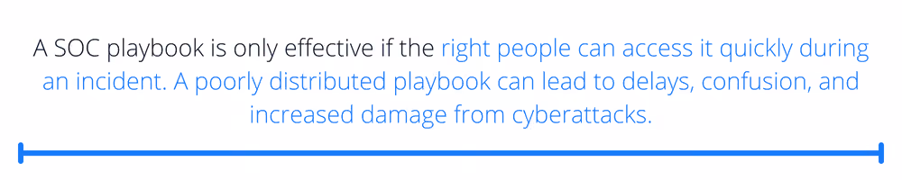 A SOC playbook is only effective if the right people can access it quickly during an incident. A poorly distributed playbook can lead to delays, confusion, and increased damage from cyberattacks.