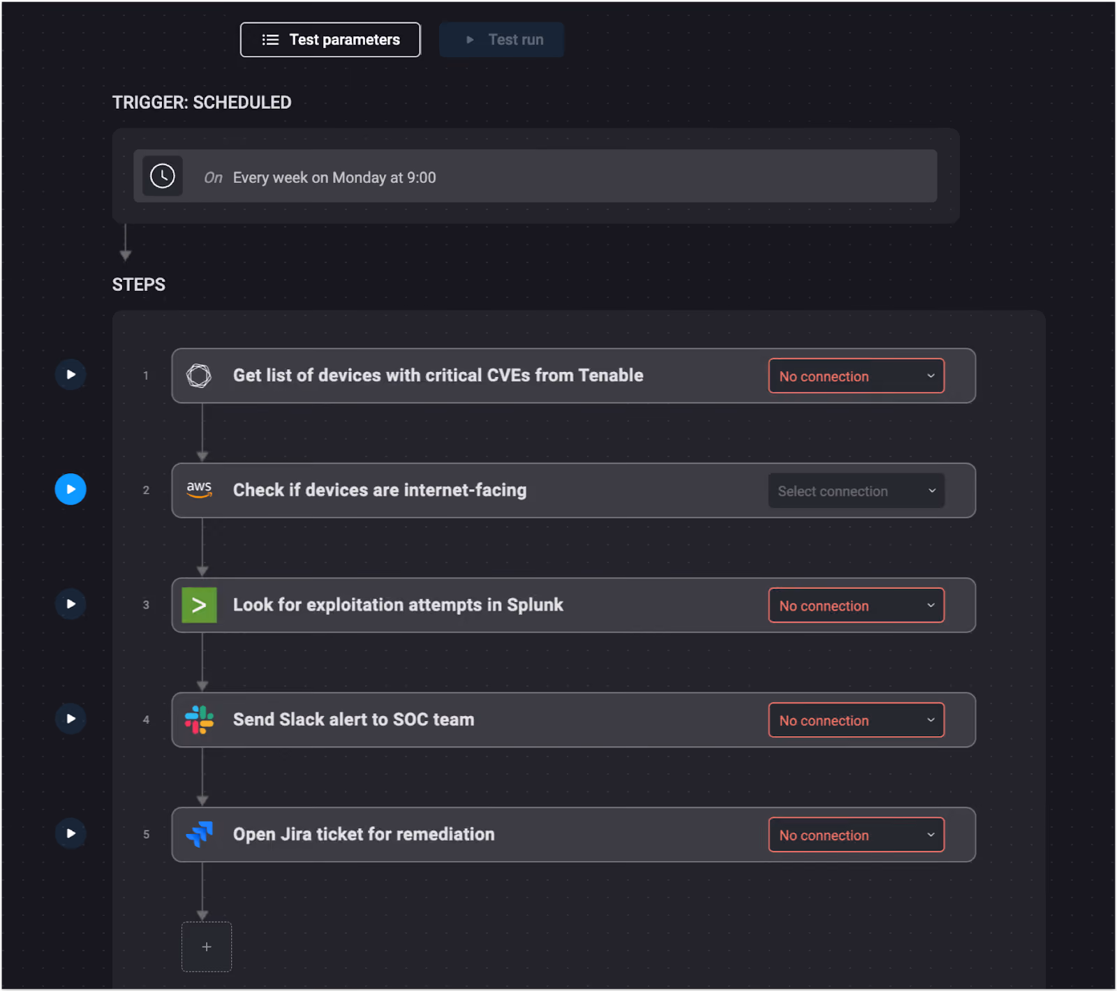 Screenshot of a Blink workflow listing CVEs from Tenable, checking AWS exposure, scanning Splunk for exploits, and opening a Jira ticket for the SOC.