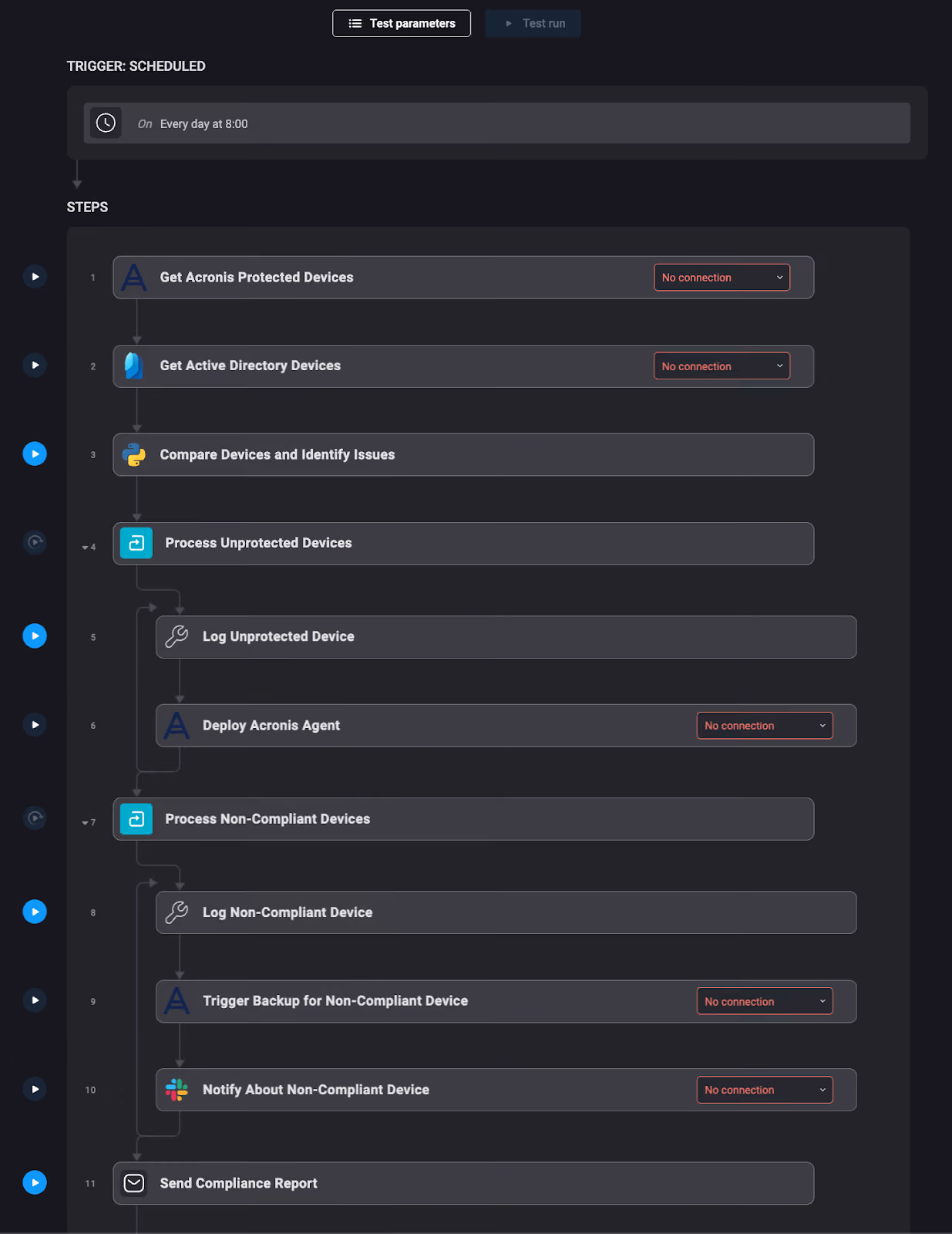 BlinkOps checks endpoint compliance and deploys agents or triggers backups as needed.