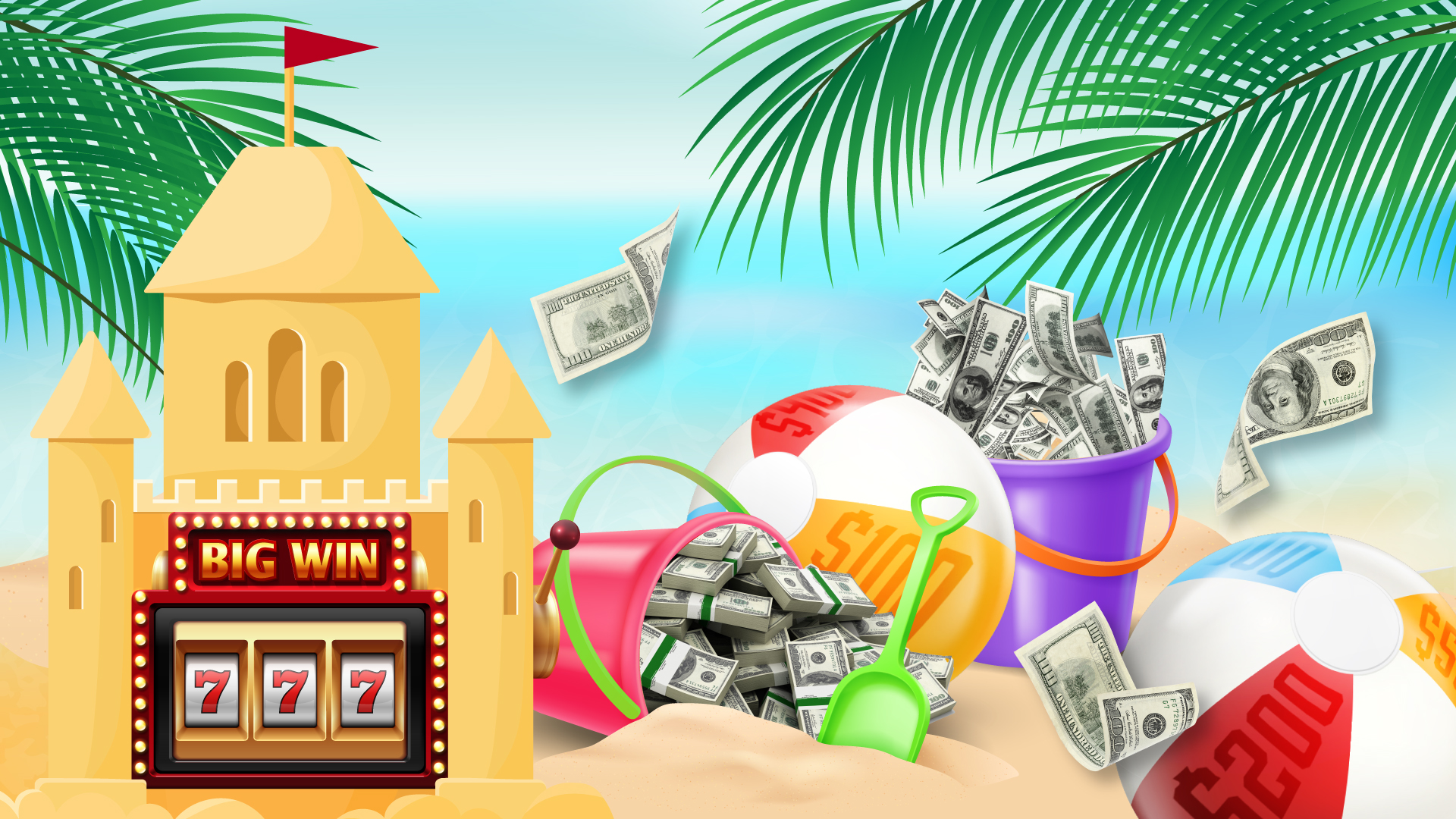 Summer beach elements, sand castle slot machine