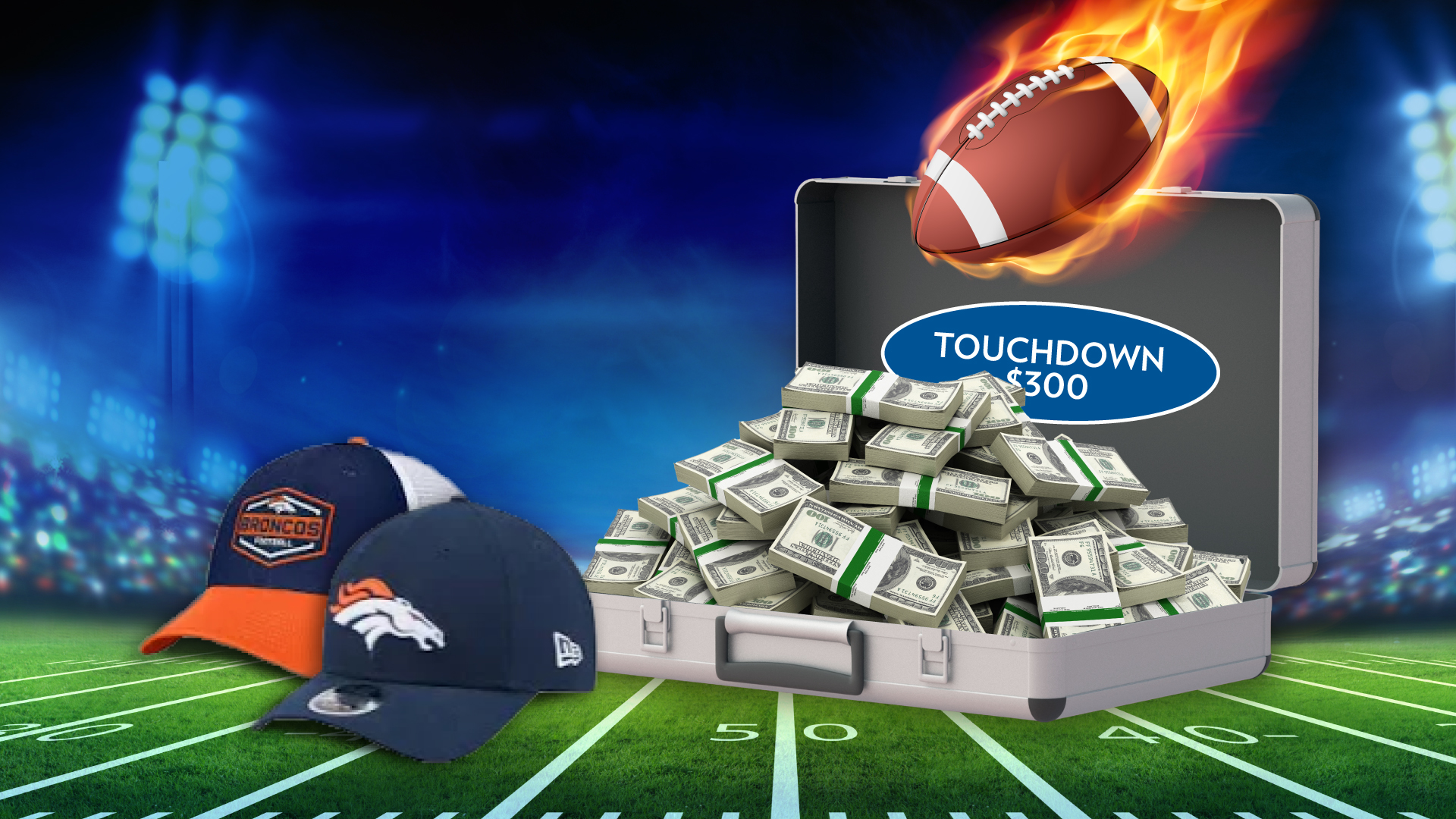 Football field with a briefcase full of money, a flaming football and Denver football hats