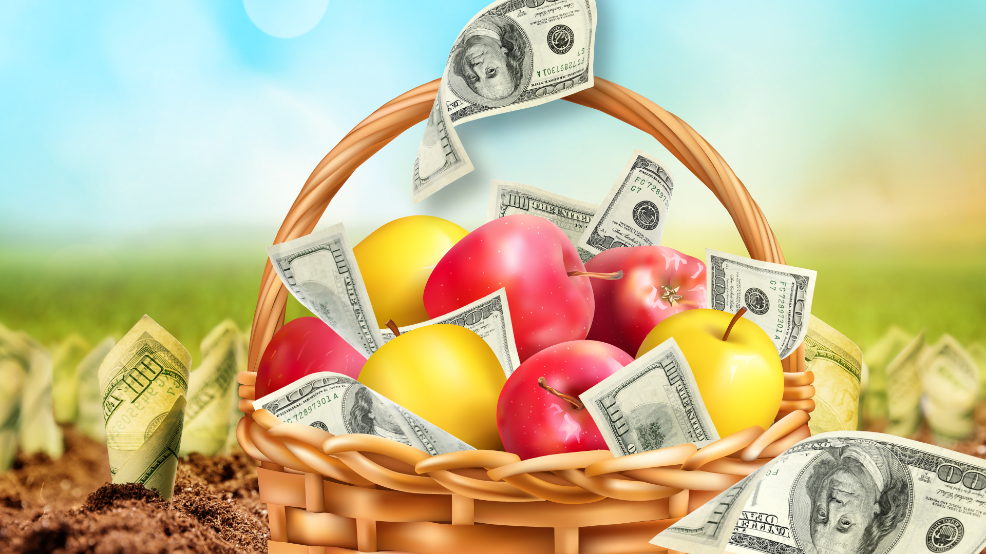 Harvest basket full of apples and money