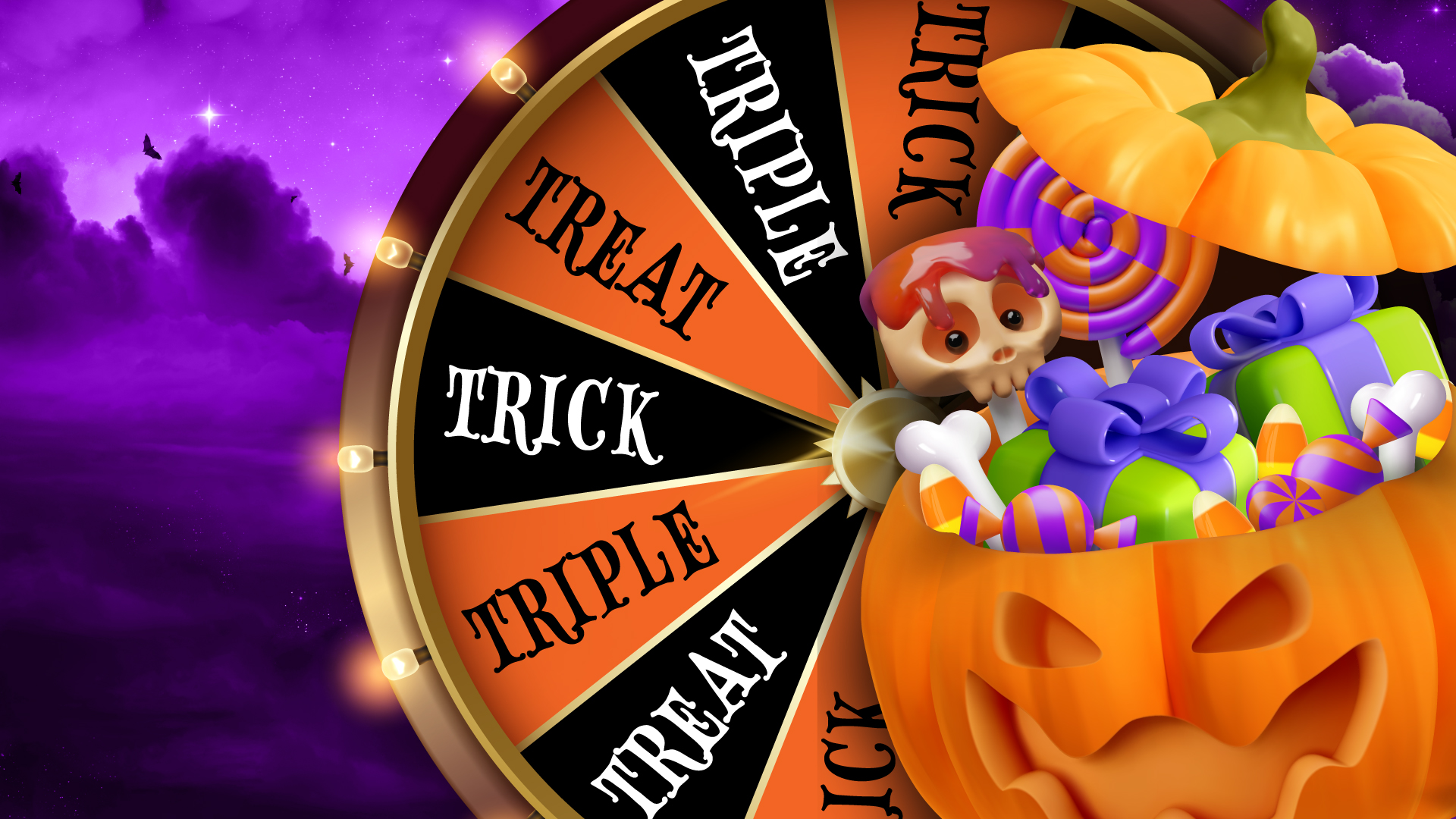 Trick or treat prize wheel, pumpkin filled with treats, win up to $750 in our Trick or Treat or Triple Drawings