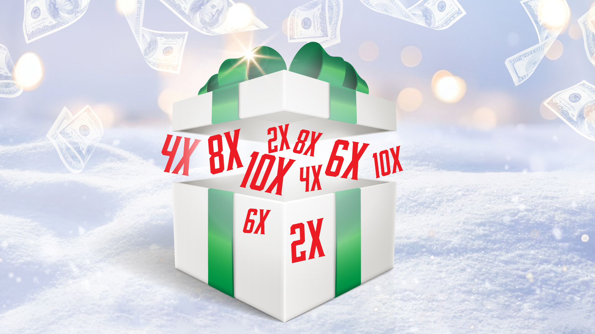 Gift graphic with multiplier numbers coming out, receive a multiplier up to 10X points