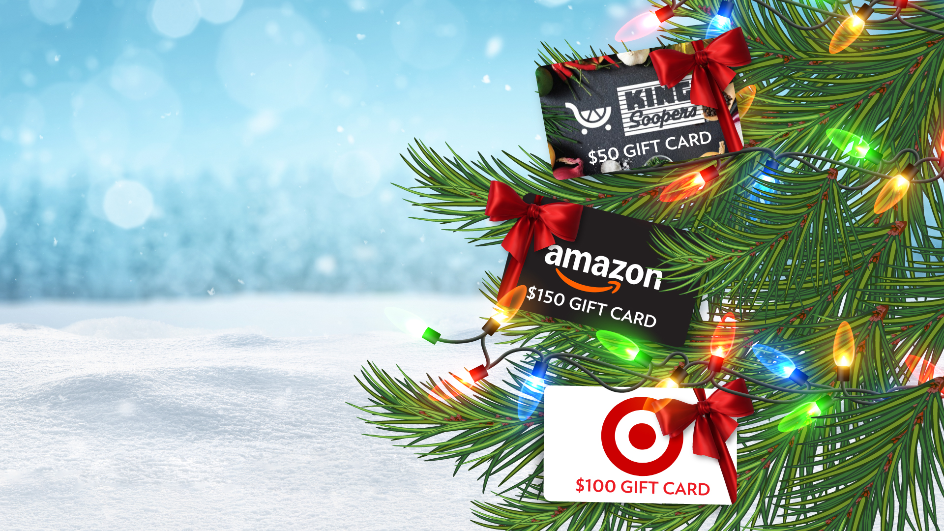 Christmas tree graphic with gift cards, hot seat giveaway 