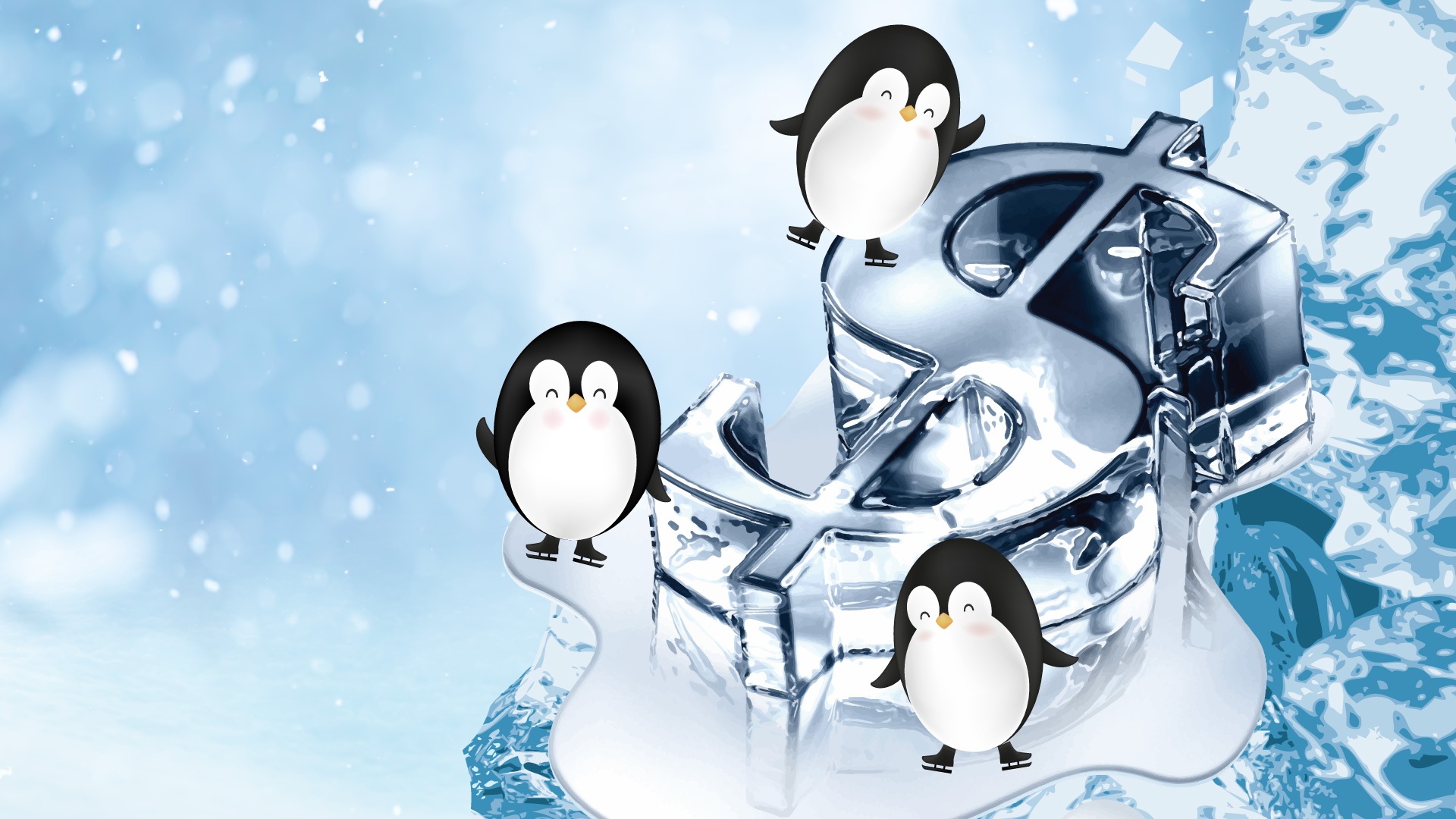 Penguins on dollar sign made of ice with snow clipart graphic 