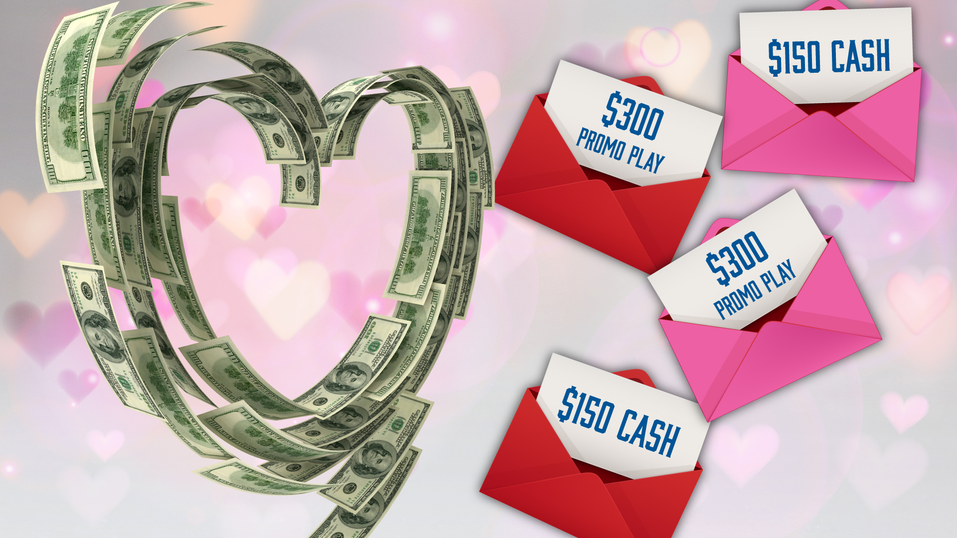 Graphic heart made of money and red and pink prize envelopes