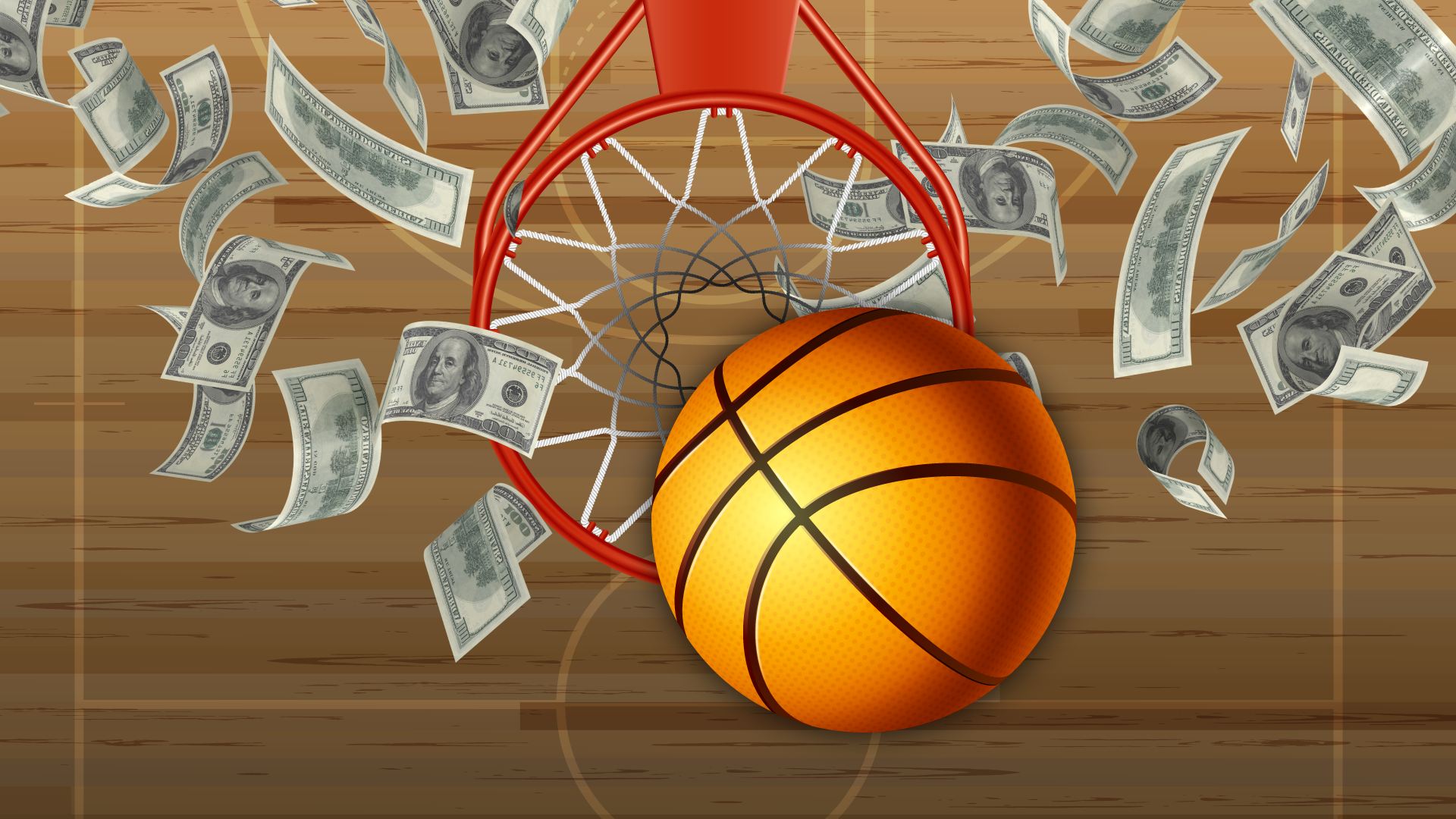 Basketball hoop with money graphic