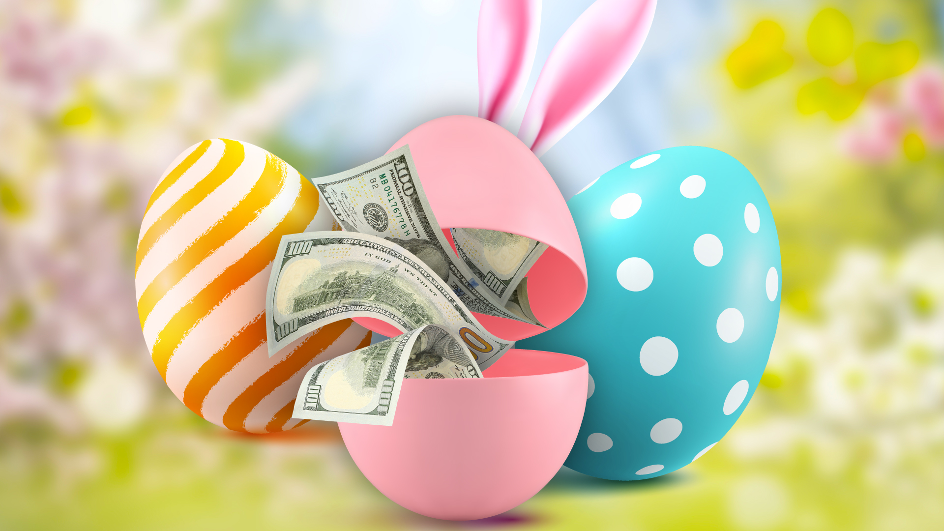 Easter egg graphic with bunny ears and money 