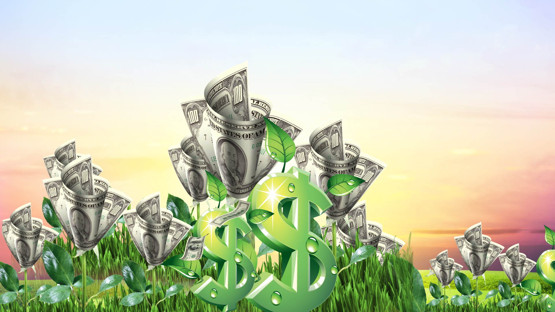 Mayday Payday promotion graphic featuring $100 bills growing like flowers in a sunny field.