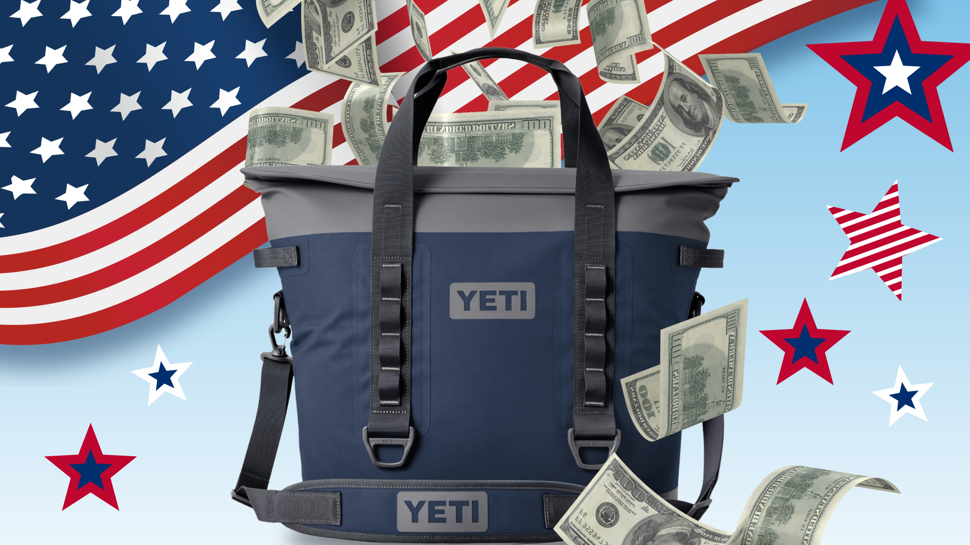 A navy blue YETI Hopper M15 Soft Cooler centered against a patriotic background of American flags, and falling one-hundred-dollar bills. Casino drawings. 