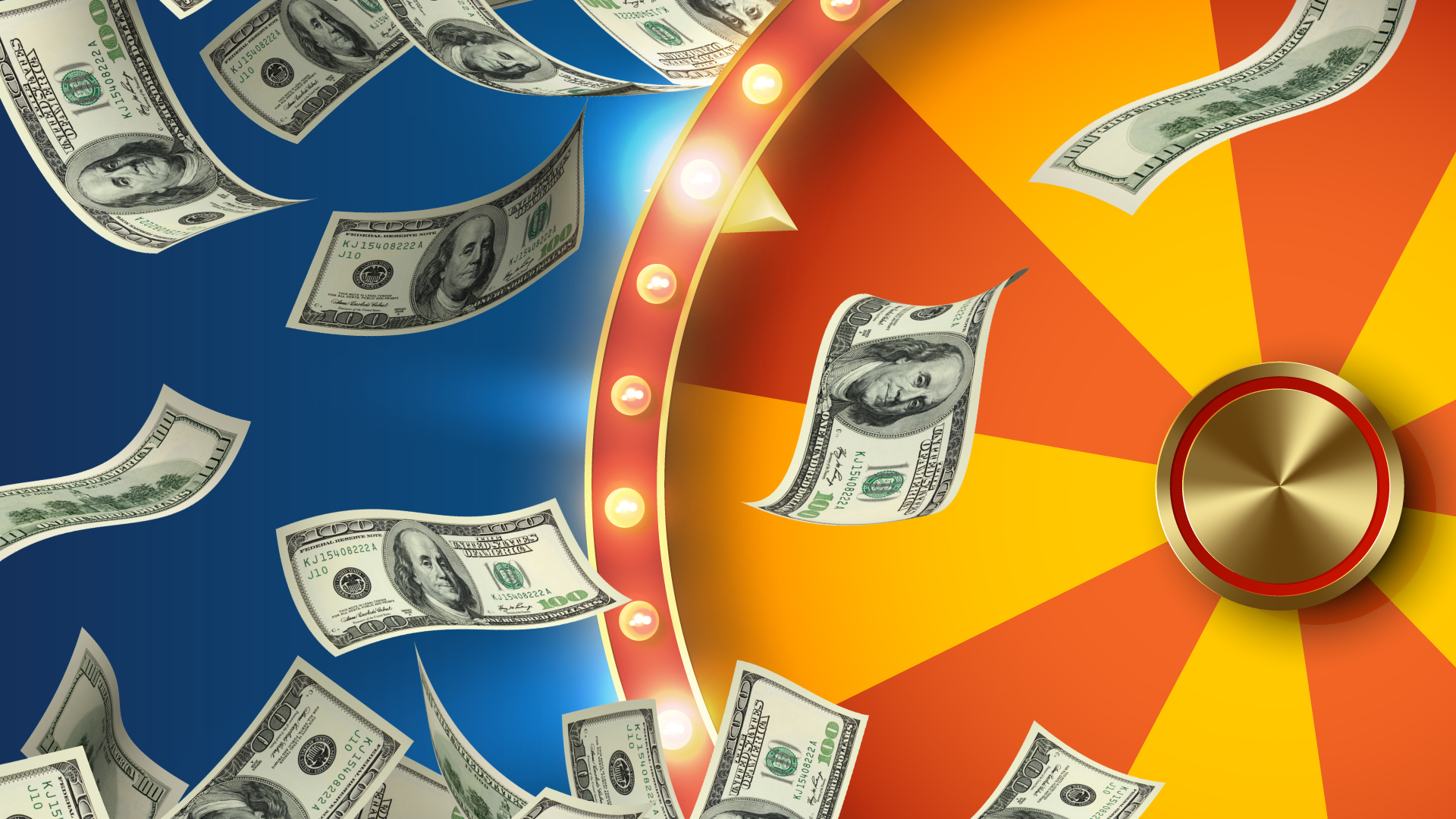 Jackpot prize wheel graphic featuring falling cash and a lighted game wheel for a casino drawing.