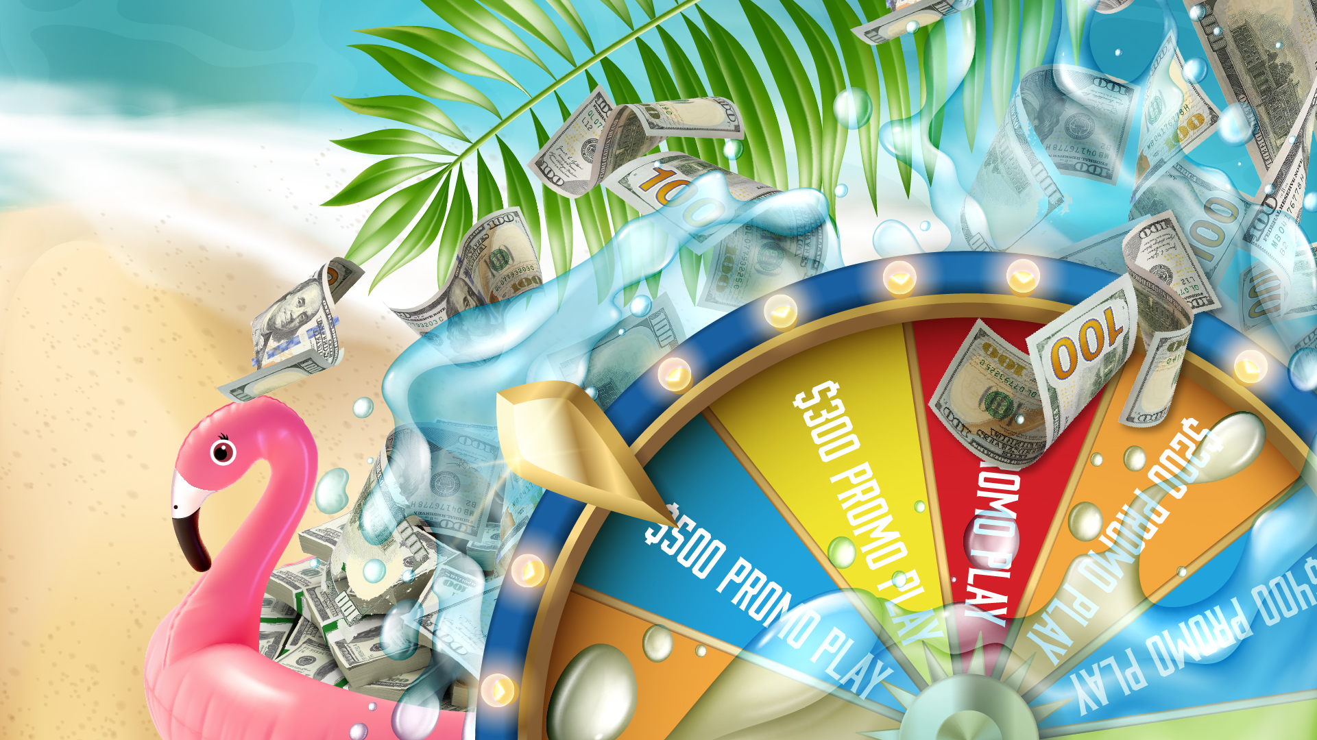 Summer prize wheel beach graphic with palm trees and pink flamingo for $17,000 casino promotion