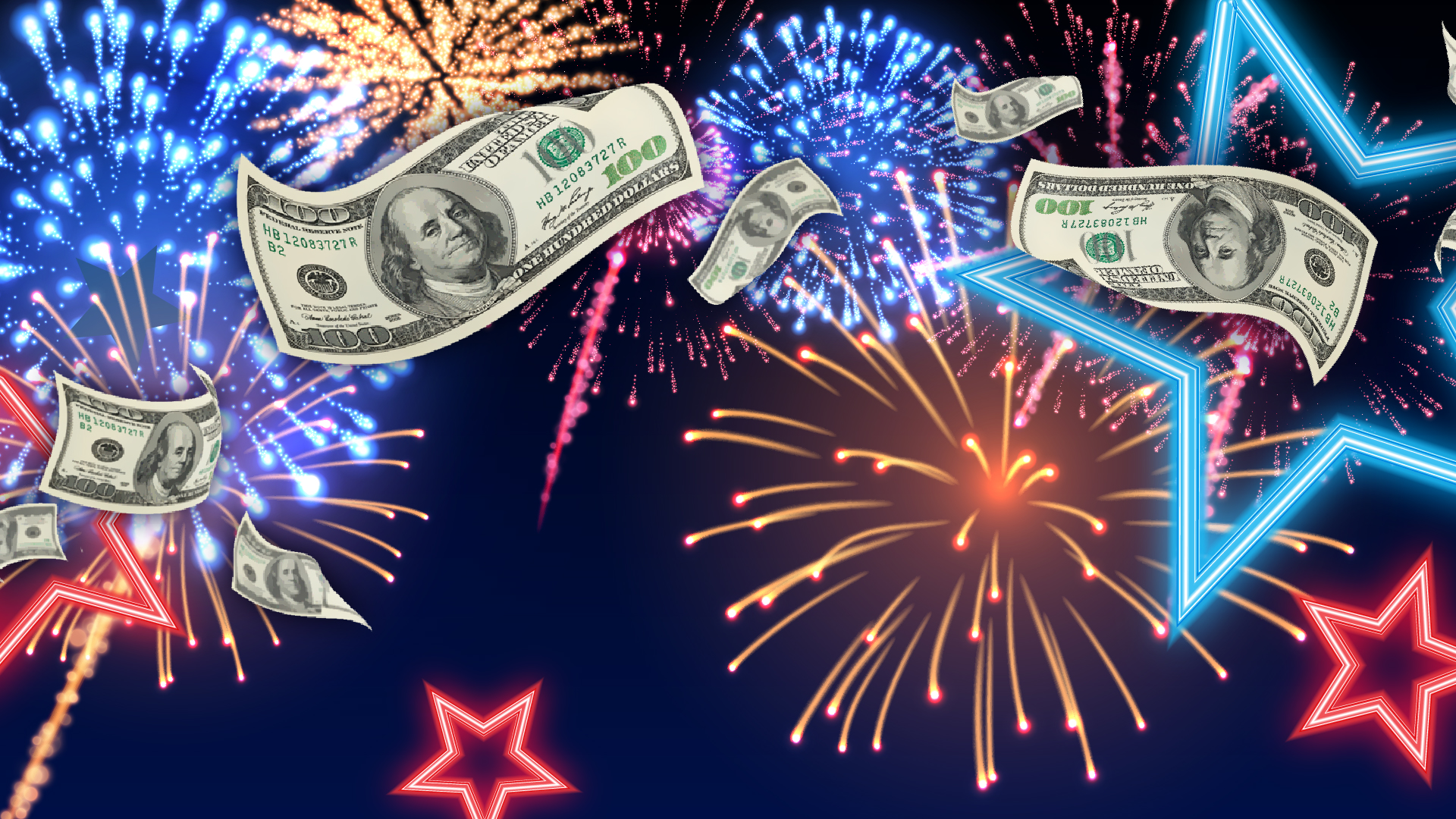 Fireworks, stars, and money graphic promoting Freedom Frenzy drawings