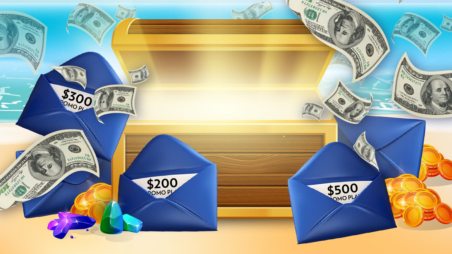Illuminated treasure chest with prize envelopes and money, risk it for riches casino promotions