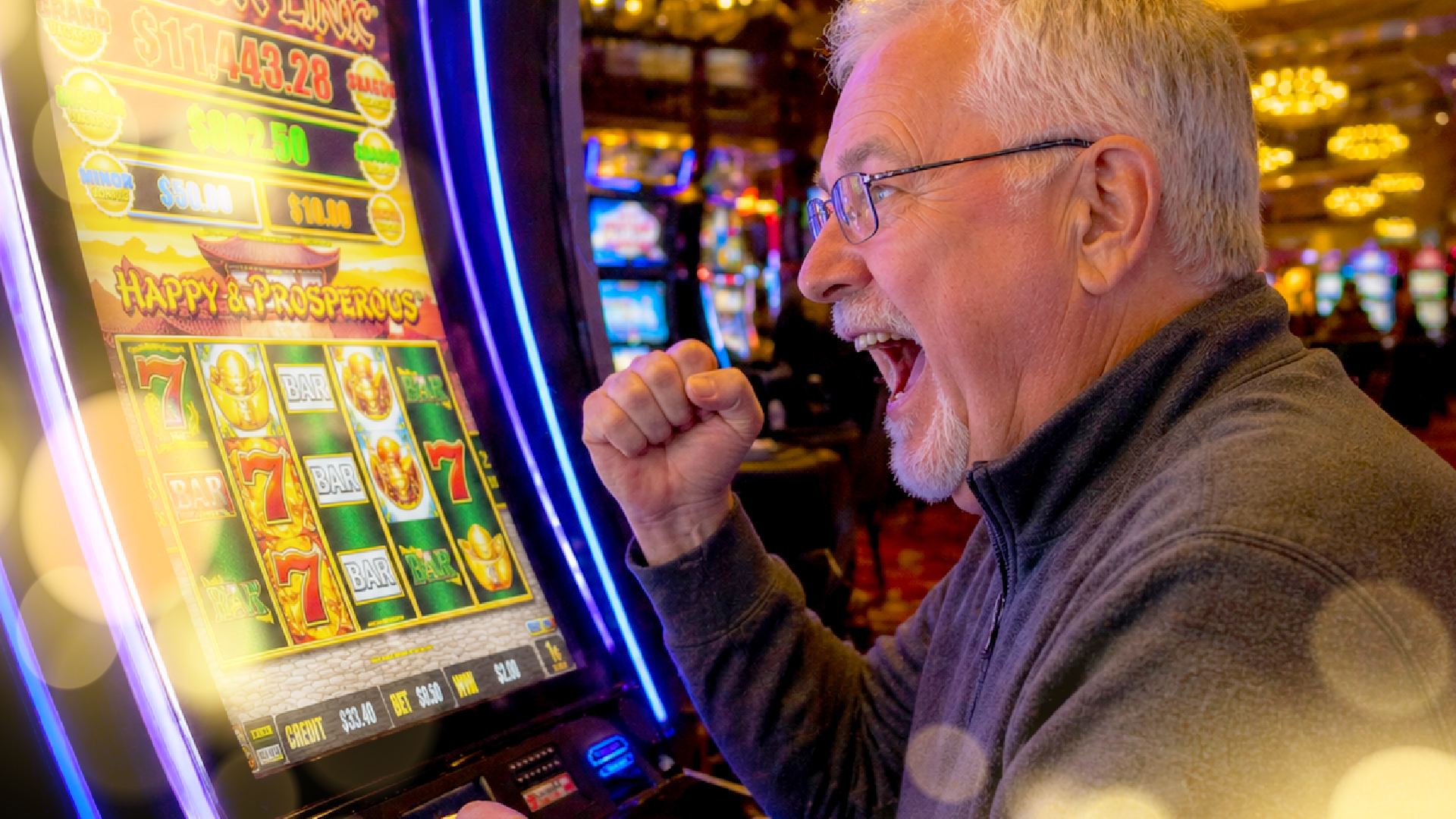 Senior lady smiling at a slot machine