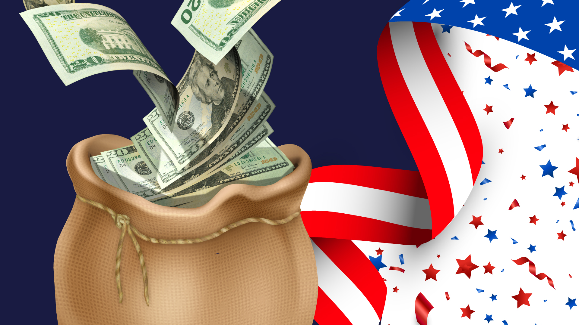 Bag full of money and American flag. Labor Day casino promotion. 