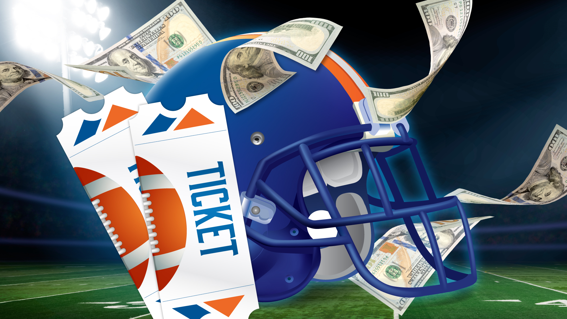 Football helmet and two football tickets with a football field background. Casino promotion win up to $5,000 Cash