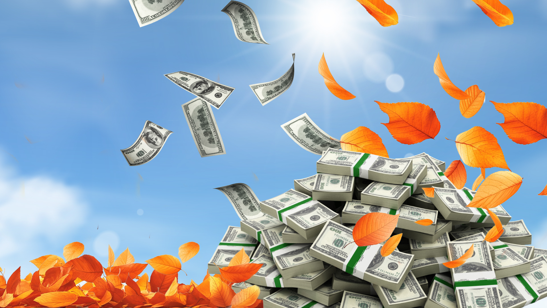 Sky background, fall leaves and cash. Casino promotion hot seats.