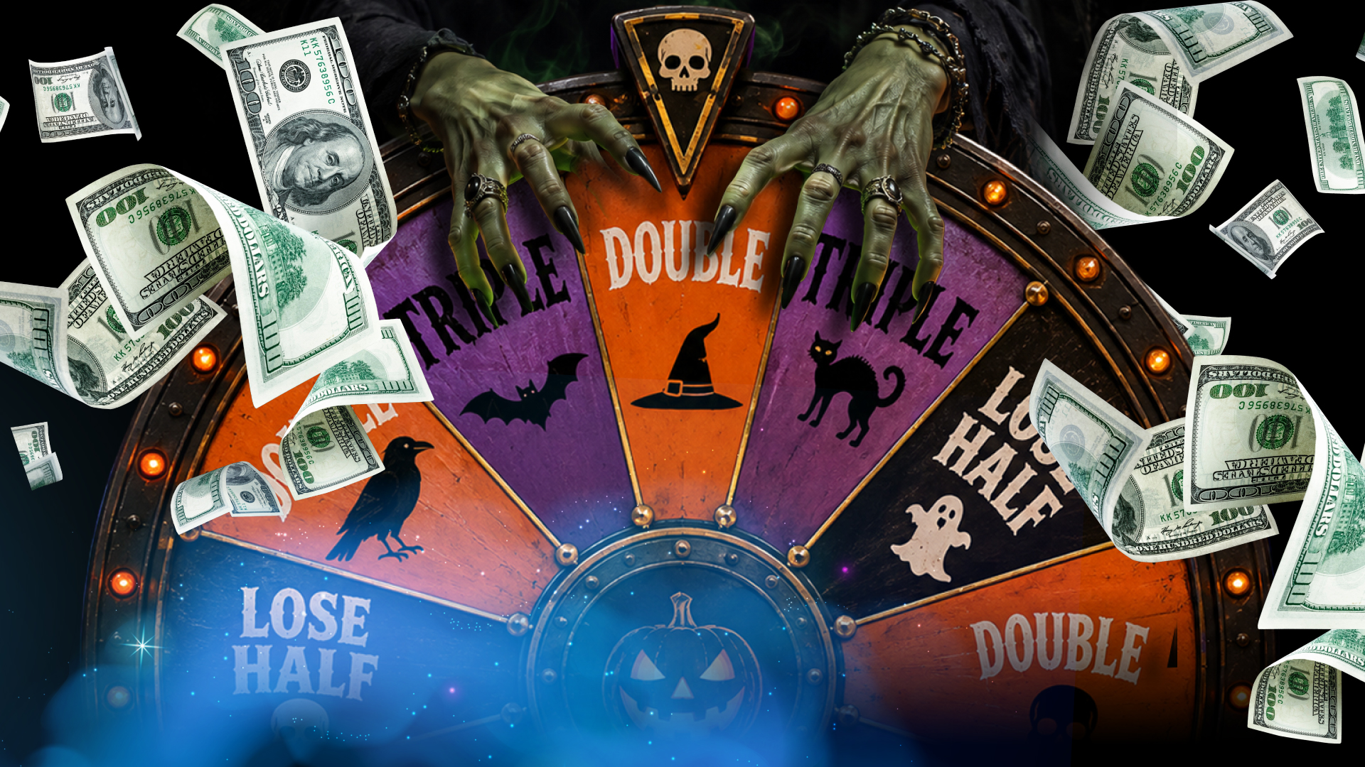 Double, Double, Triple or Trouble prize wheel with cash. 