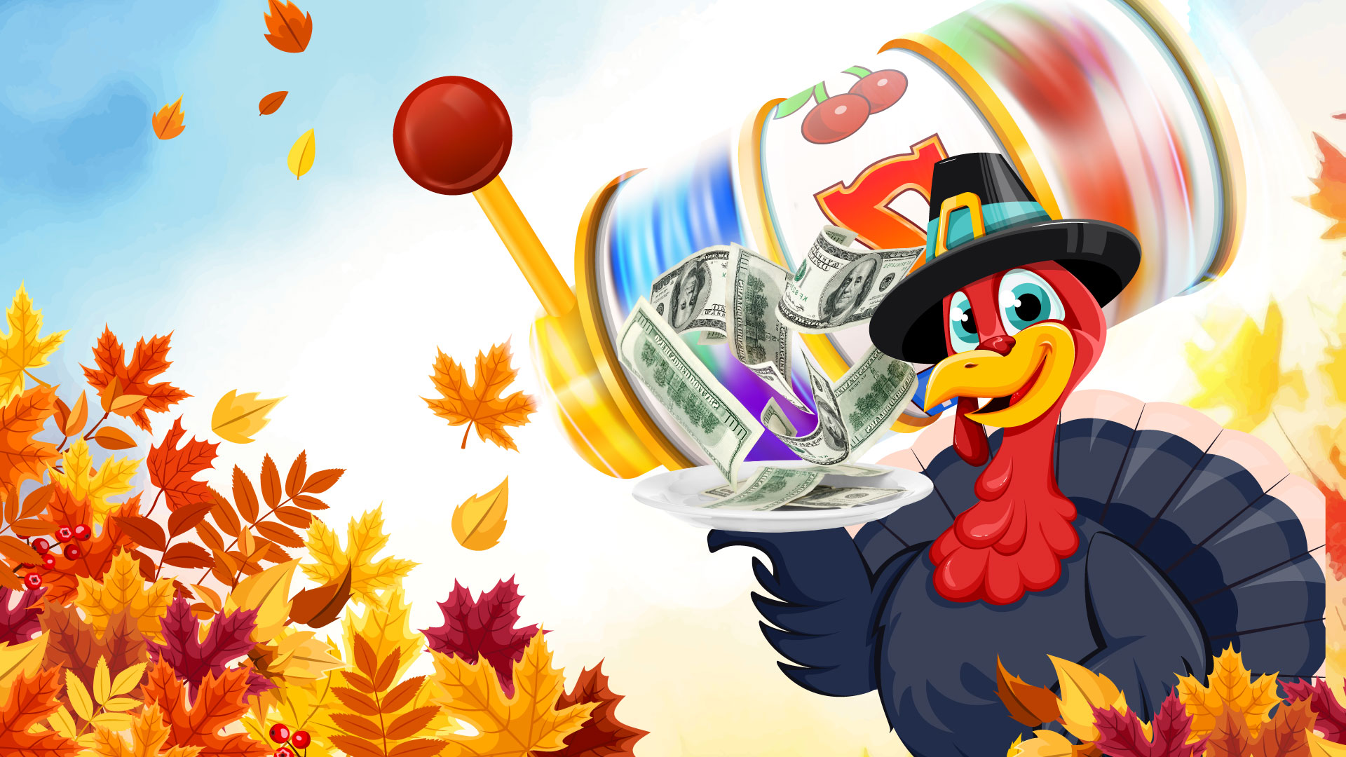 Turkey and fall leaves with a slot machine reel for a casino kiosk game