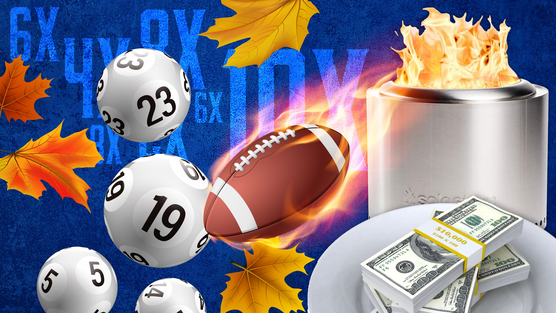 Fall leaves with bingo balls a football and a solo stove for a casino point multiplier