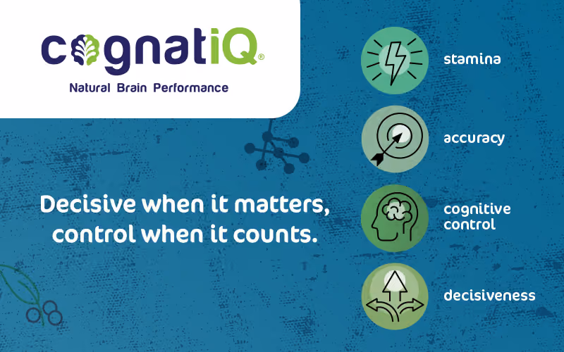 CognatiQ® whole coffee fruit extract for natural brain performance, featuring benefits related to stamina, accuracy, cognitive control, and decisiveness