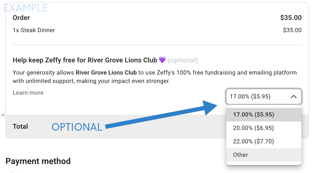 Screenshot of Zeffy donation page showing optional tip selector for River Grove Lions Club, with dropdown options like 17% ($5.95), 20%, and 22% next to a $35 steak dinner order total.