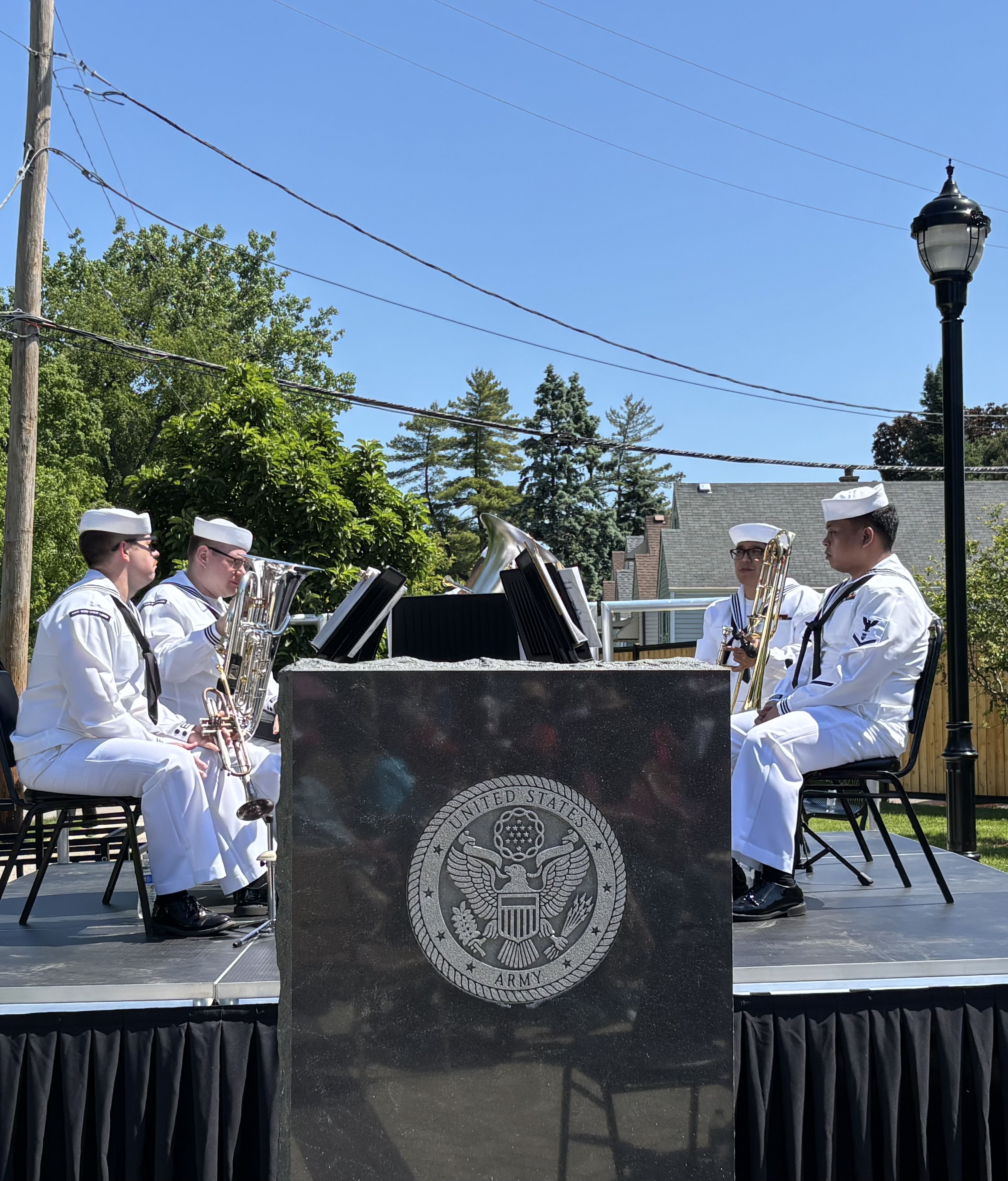 The Veterans Memorial monuments honoring all branches of military service in River Grove, IL during the Memorial Day ceremony
