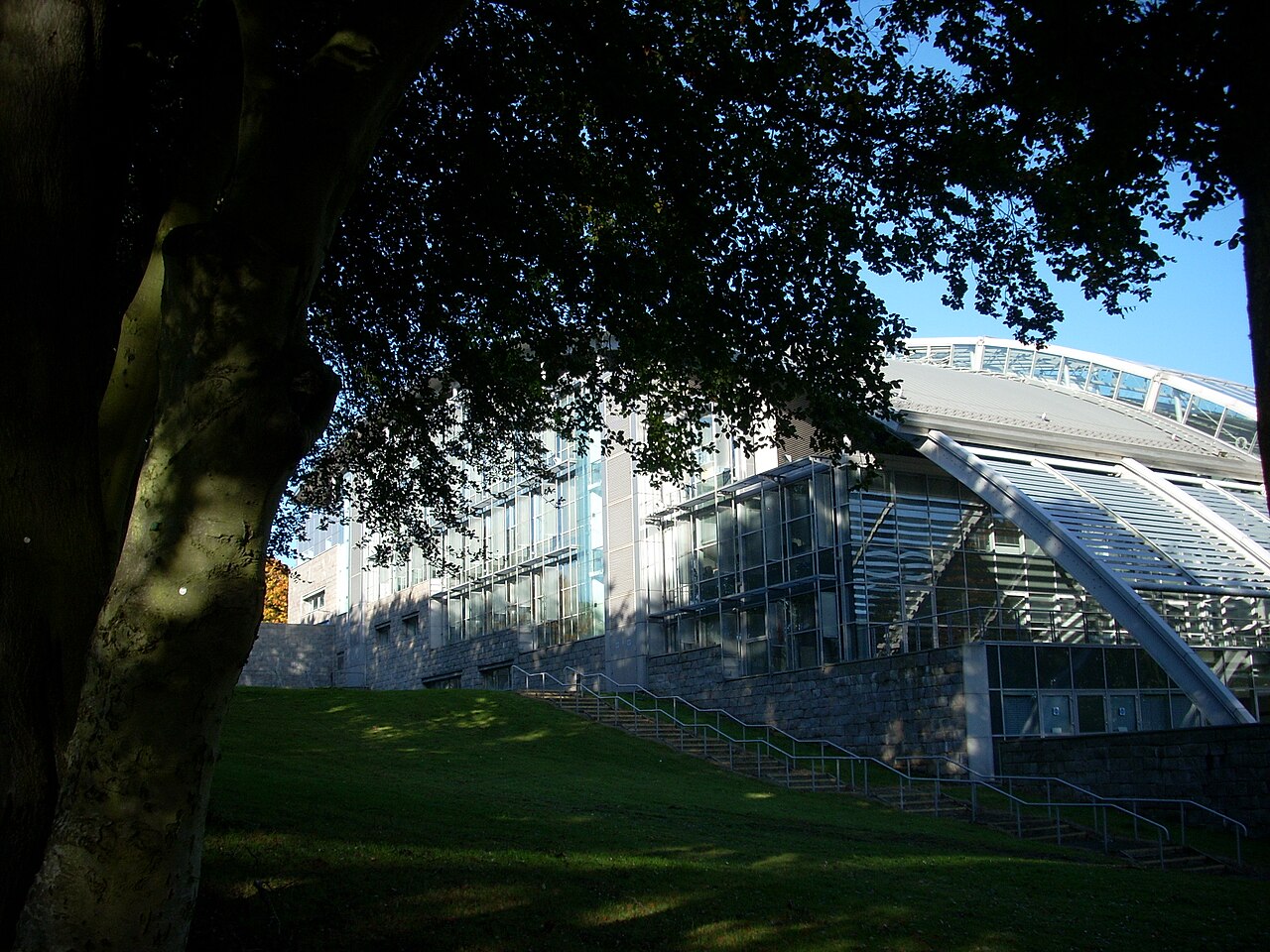 View from side of the Faculty of Health and Social Care building, at the Robert Gordon University's campus at Garthdee, Aberdeen, UK. Side shown is closer to the river and includes terrace built into the building.