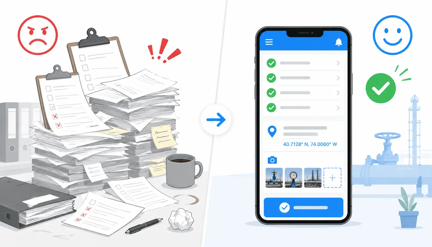 Paper checklist chaos versus a clean digital PNGRB inspection app