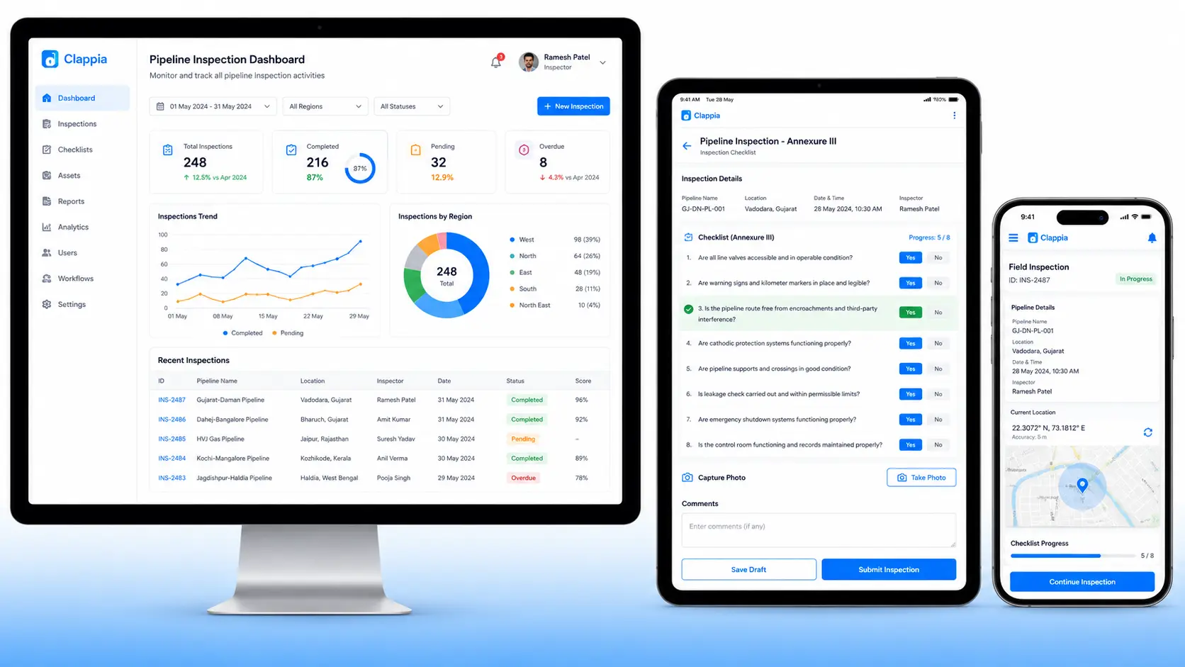 Clappia PNGRB inspection app shown on desktop, tablet, and mobile