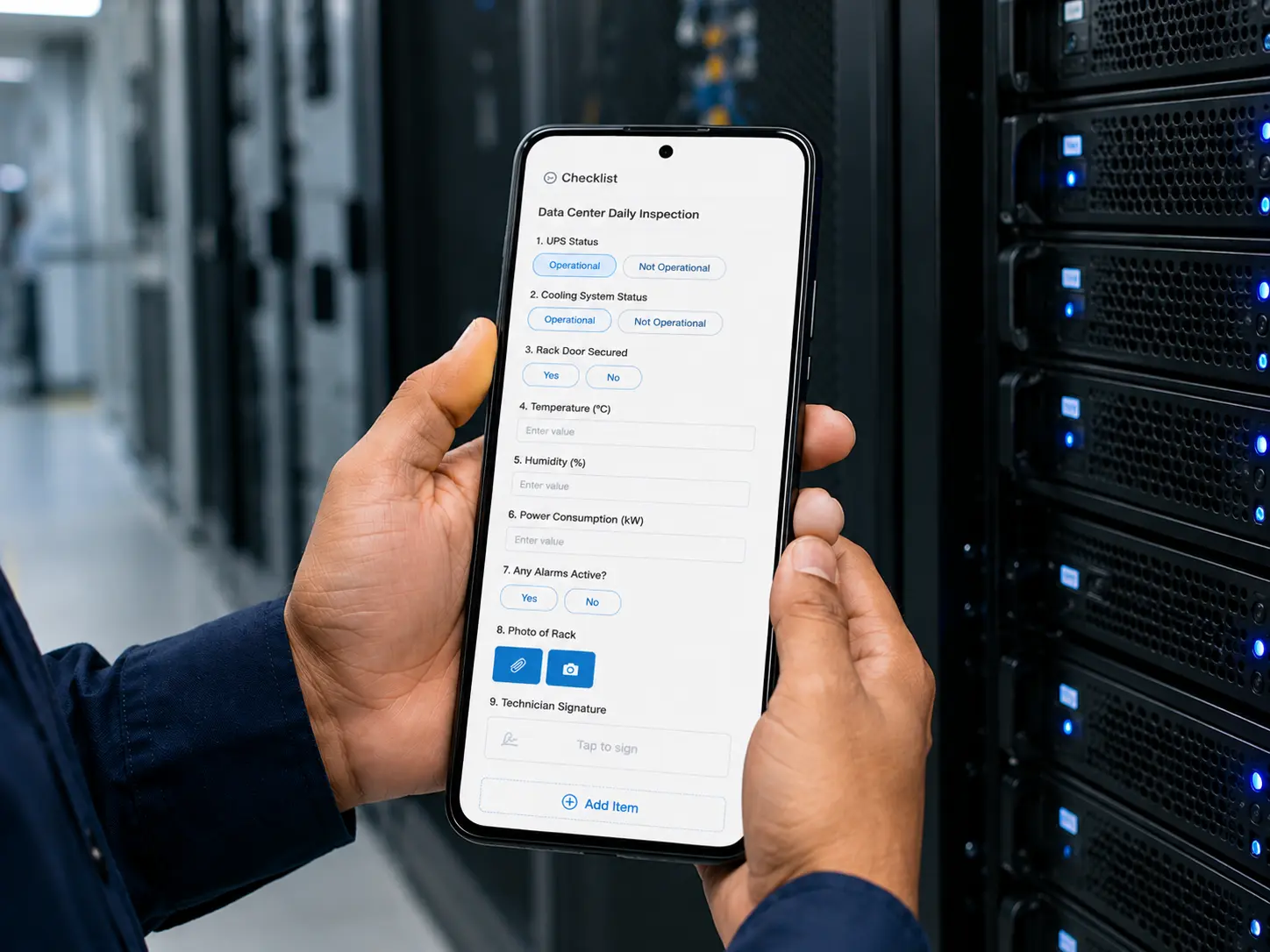 Technician using a smartphone for data center inspection in a server rack aisle