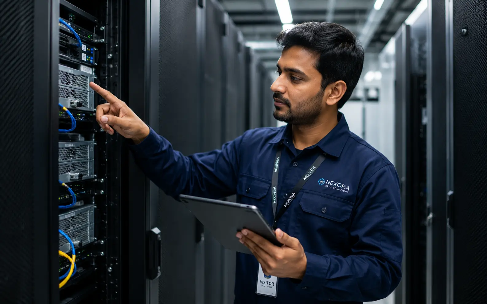 Data center engineer inspecting a server rack with a tablet
