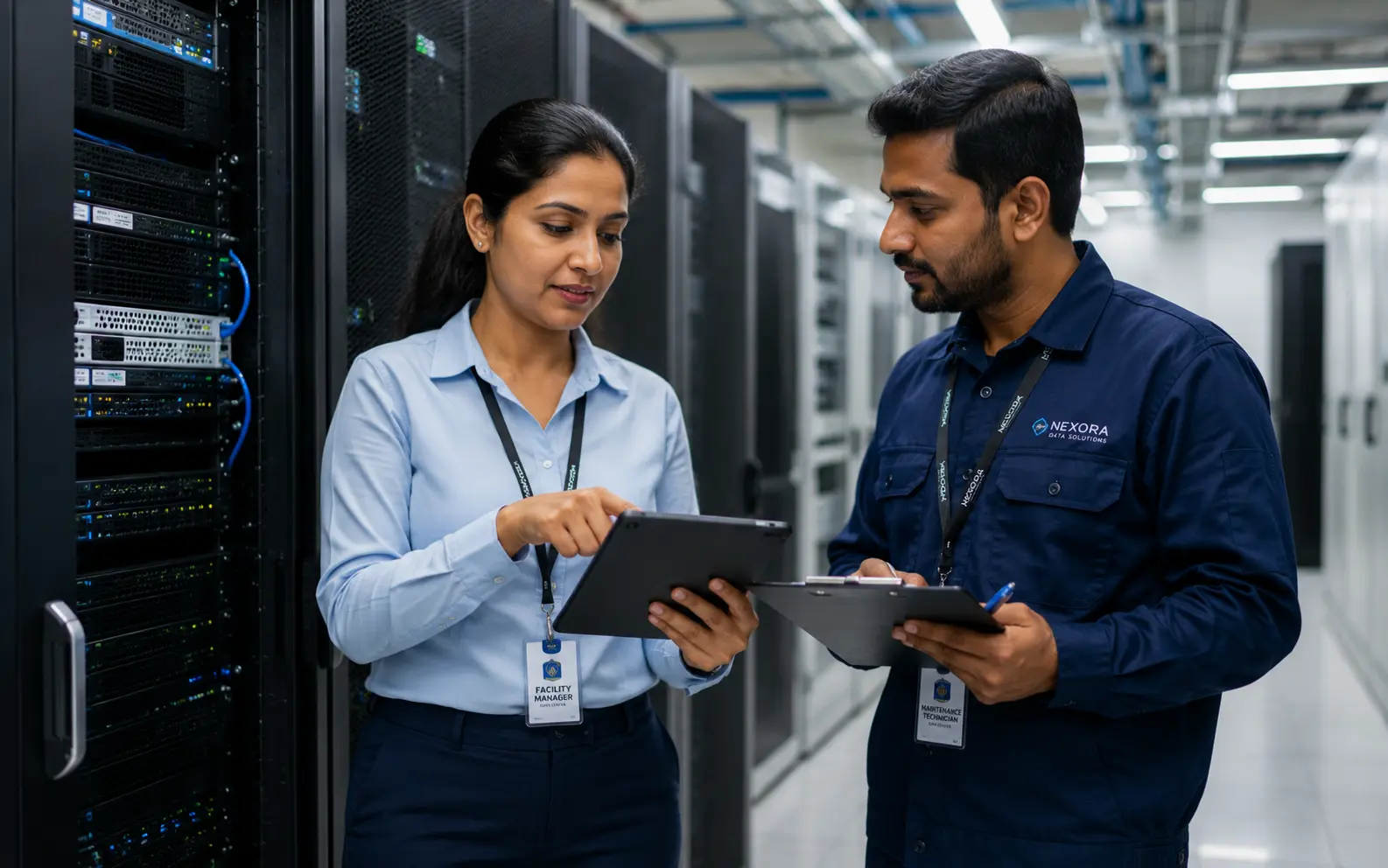 Data center manager assigning a follow-up corrective action to a maintenance technician