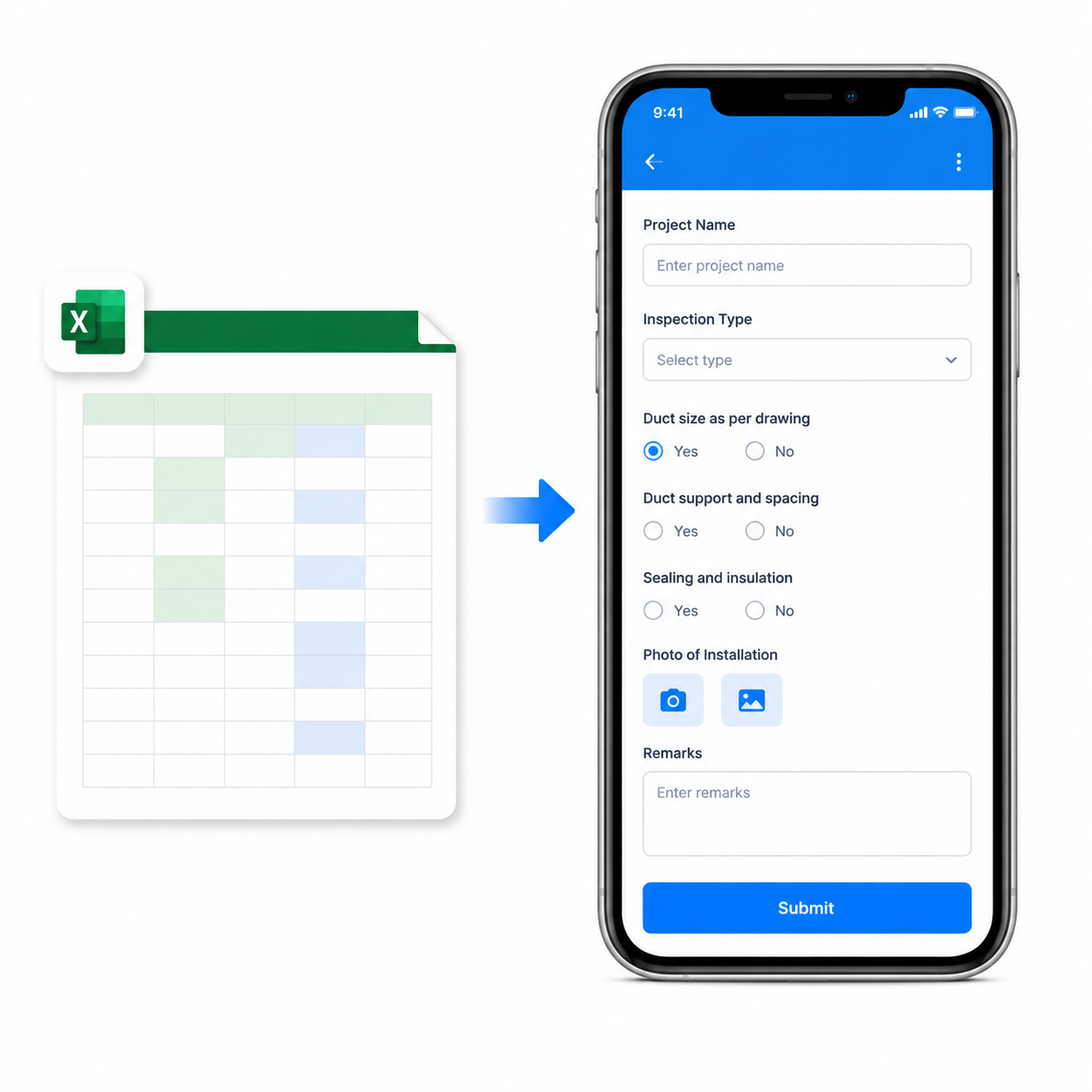 Drag-and-drop checklist form builder converting Excel and PDF into digital forms