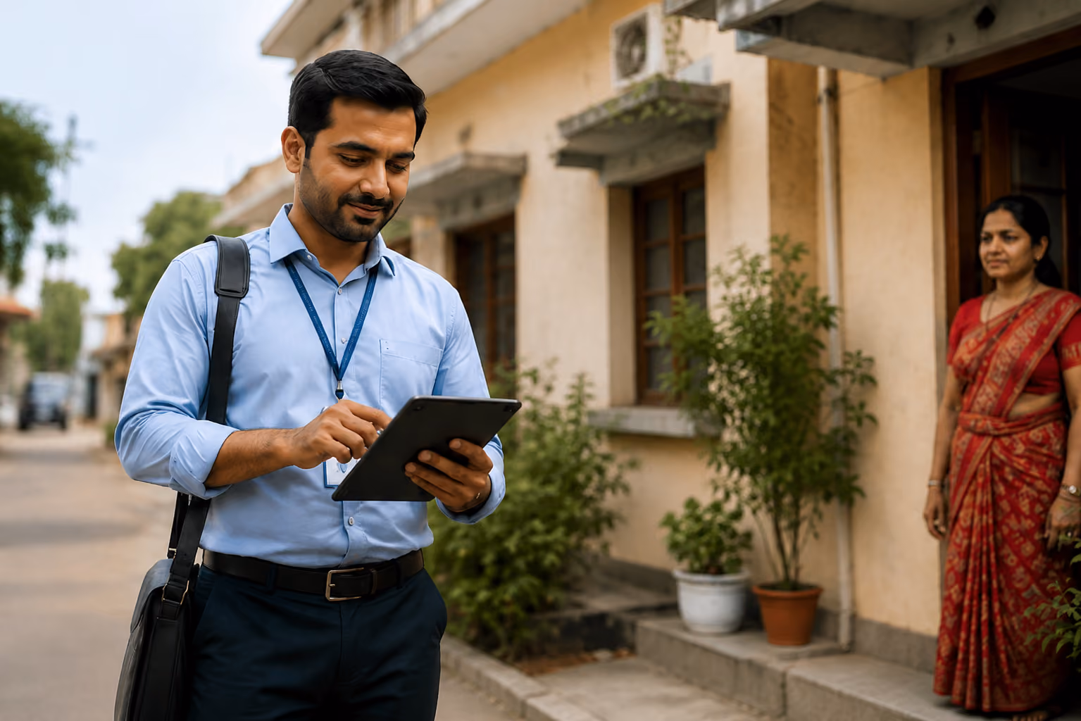 Field collection agent using a loan collection app on a tablet