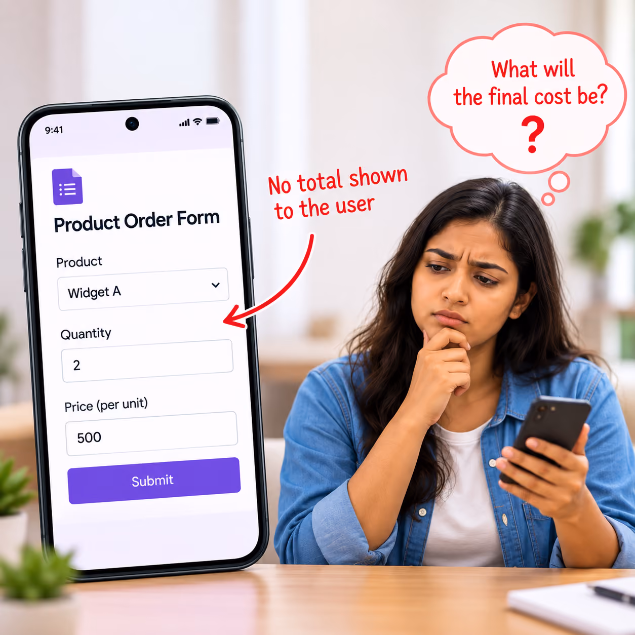 Woman looking confused at a mobile phone showing a Google Form with no total price calculated