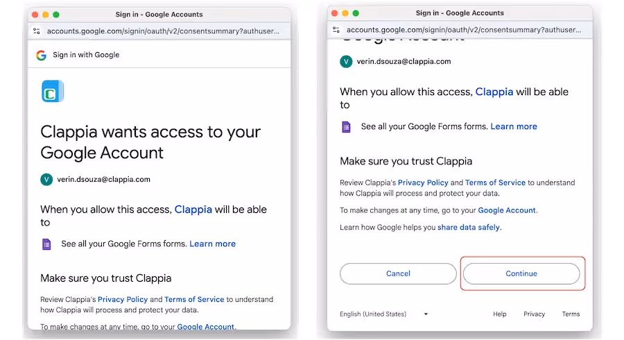 Select the Google account that contains your Google Forms.