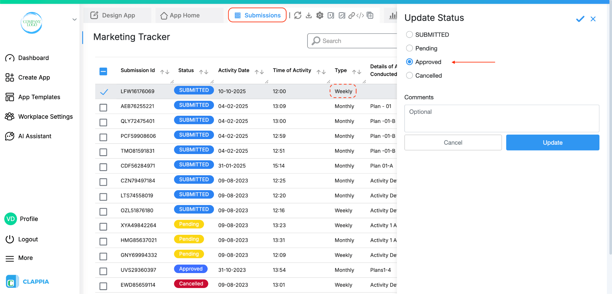 How to set review status on submissions